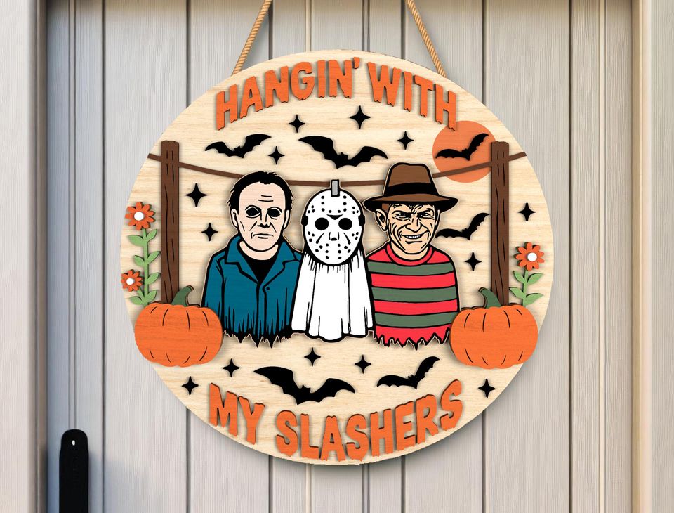 Horror Hanging Sign, Funny Halloween Slasher Door Hanger