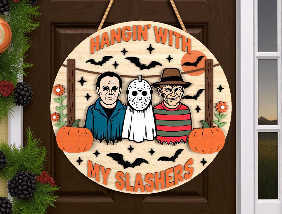 Horror Hanging Sign, Funny Halloween Slasher Door Hanger