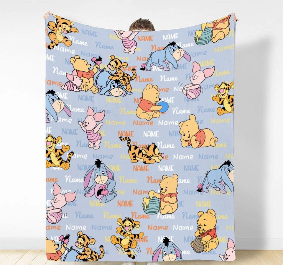 Custom Winnie-Pooh And Friends Fleece Blanket, The Pooh Disneyland Cartoon Blanket, Personalized Tiger, Bear, Birthday, Baby Shower Gifts
