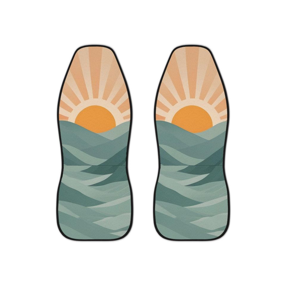 Retro Boho Car Seat Covers, 70s Sun and Sea Pattern (Set of Two)