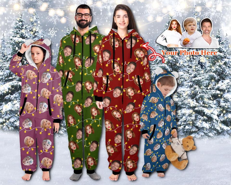 Personalized Face Christmas Pajamas: Custom Flannel Hooded Onesie