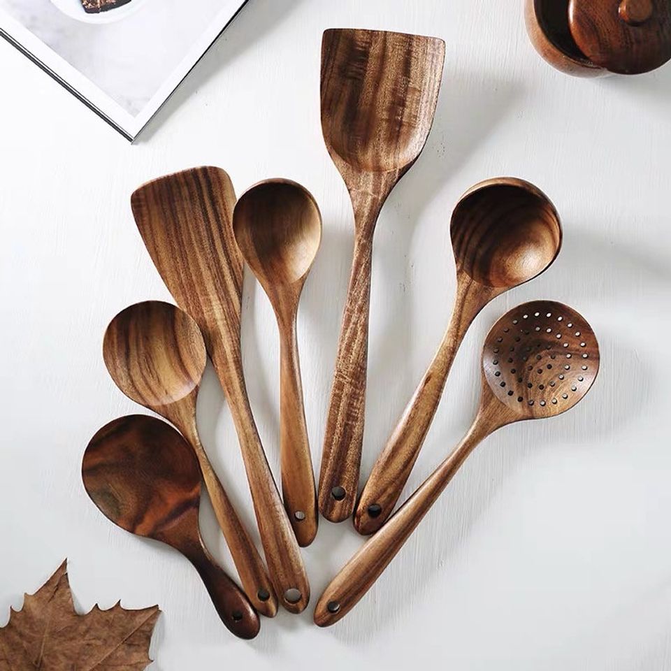 Wooden kitchen utensils set for family cooking