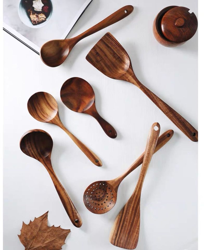 Wooden kitchen utensils set for family cooking