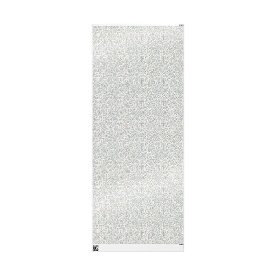 Hanukkah Toile Wrapping Paper Roll Floral Jewish Menorah and Dreidel Design Blue