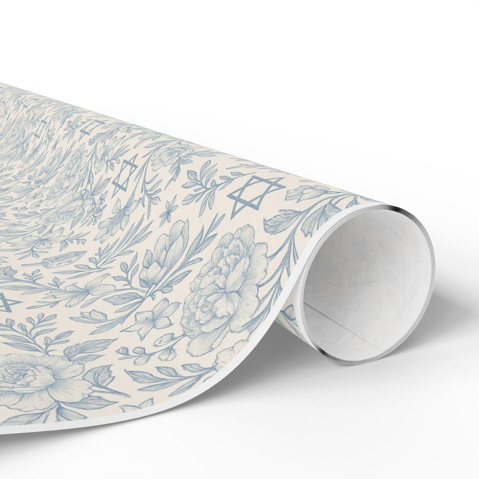Hanukkah Toile Wrapping Paper Roll Floral Jewish Menorah and Dreidel Design Blue