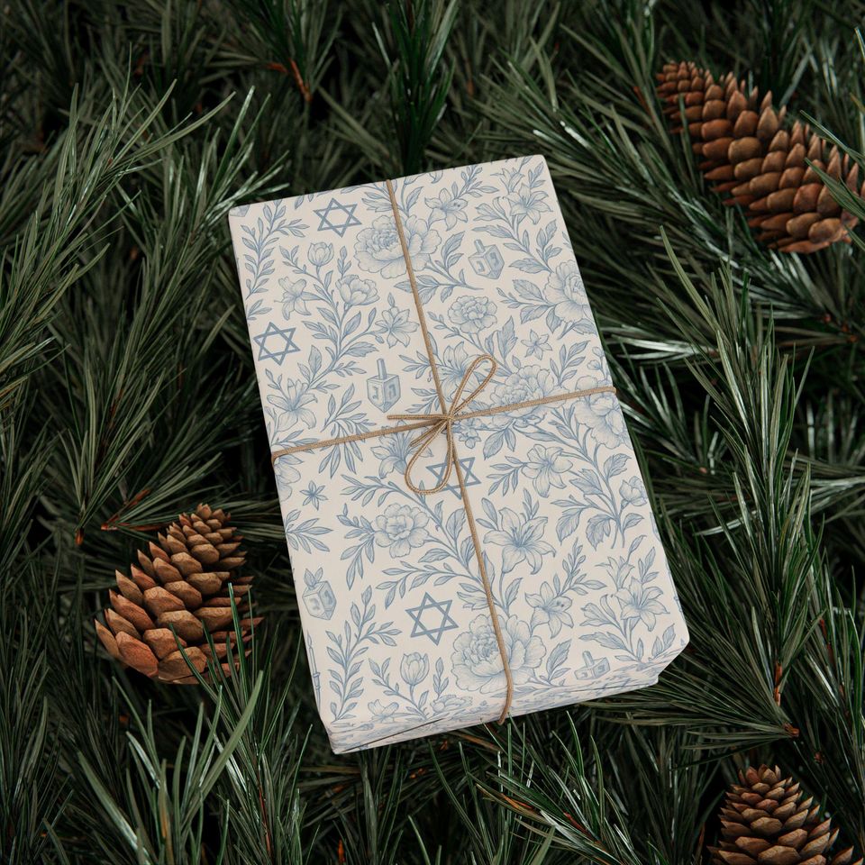 Hanukkah Toile Wrapping Paper Roll Floral Jewish Menorah and Dreidel Design Blue