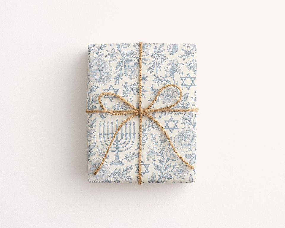 Hanukkah Toile Wrapping Paper Roll Floral Jewish Menorah and Dreidel Design Blue
