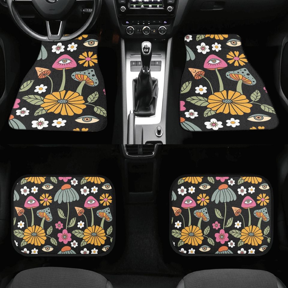 Car Mats, Mushroom Car Mats Set, Magenta Black Car Floor Mats for Women, Cute Car Mats Boho, Car Floor Mat Cute, Car Matts, Cottagecore
