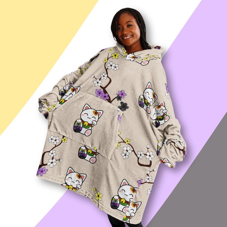 Lucky Cat Nonbinary Blanket Hoodie | Christmas Gift | Winter Wear