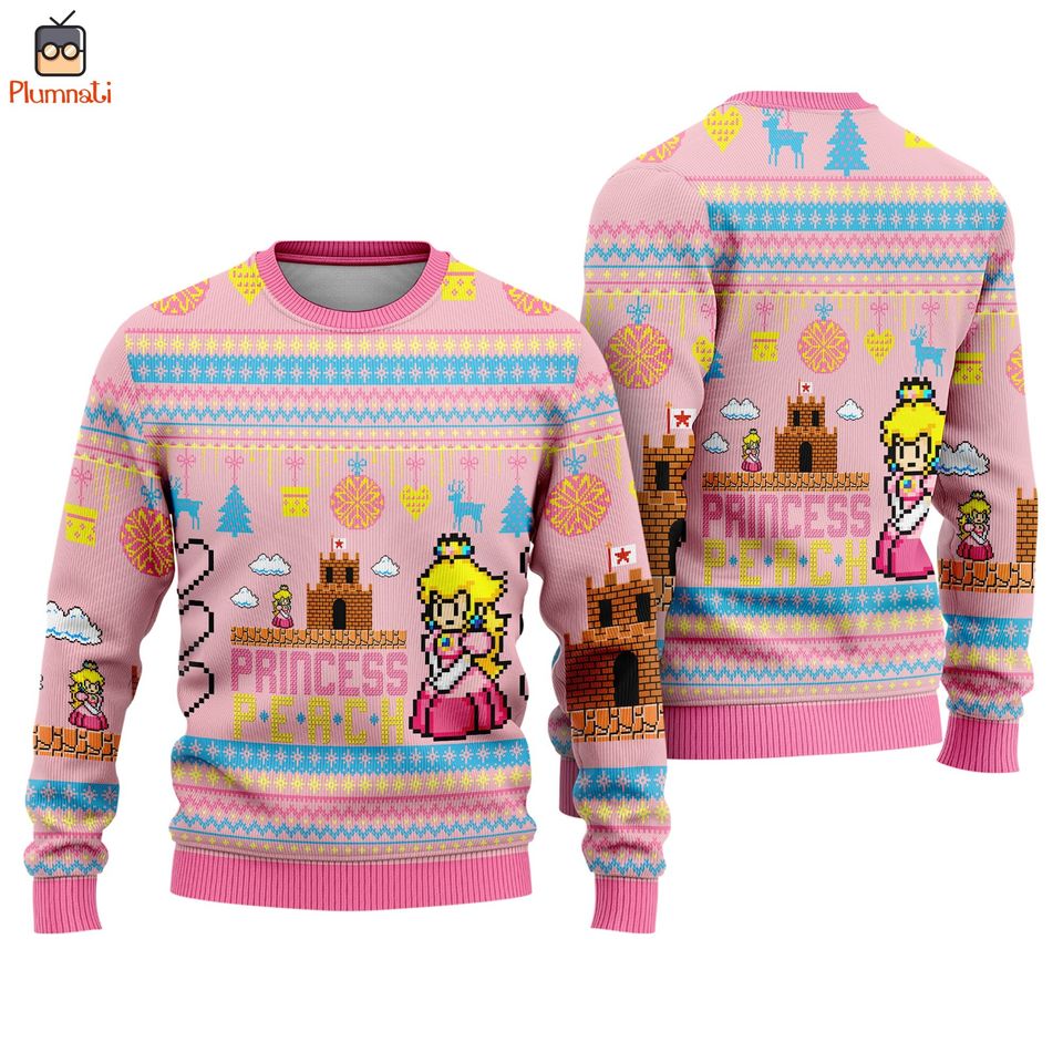 Super Mario Princess Peach Ugly Christmas Sweater, Princess Peach Sweater, Mario Christmas Shirt, Mario Family Christmas