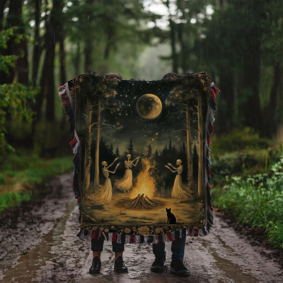 Woven Skeleton Witch Blanket: Gothic Cottagecore Tapestry