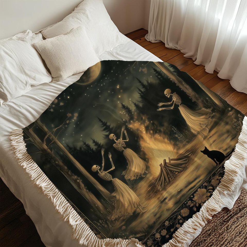 Woven Skeleton Witch Blanket: Gothic Cottagecore Tapestry