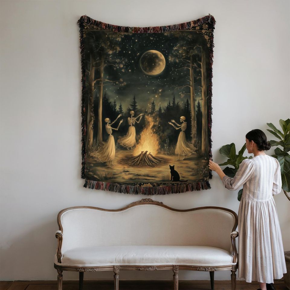 Woven Skeleton Witch Blanket: Gothic Cottagecore Tapestry