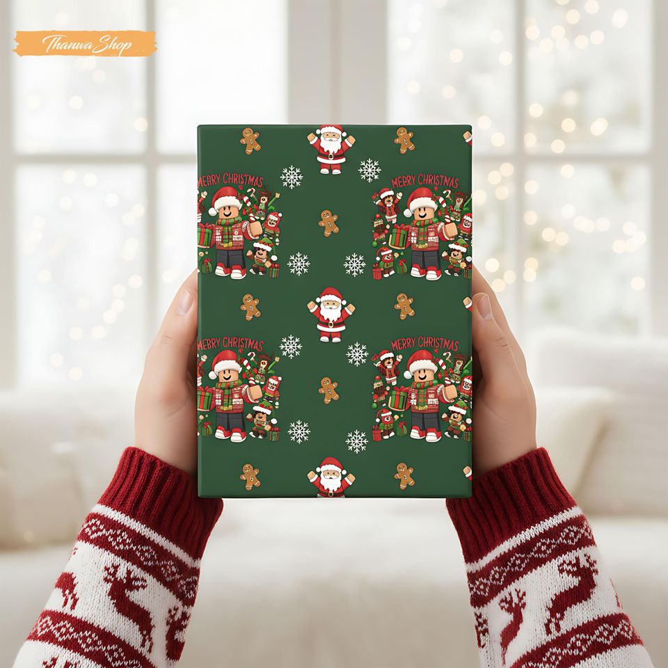 Video Game Boy Christmas Wrapping Paper: Green Matte or Glossy Gift Wrap Sheets