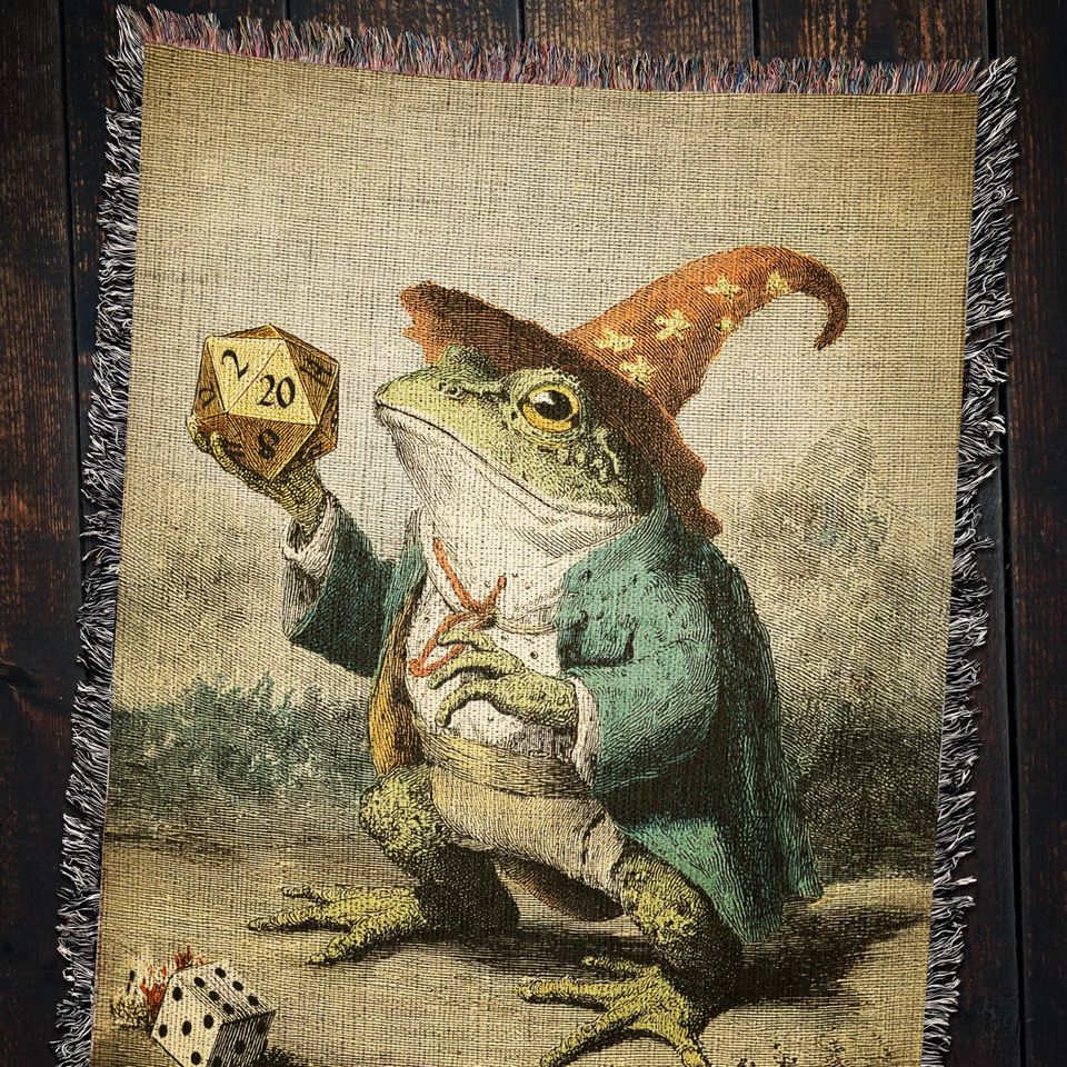 Frog Wizard Woven Blanket: D&D Gamer Decor, Fantasy RPG Throw