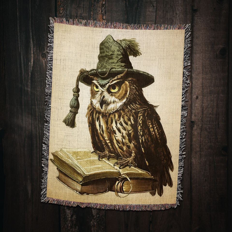 Wizard Owl Woven Throw Blanket: Vintage Folklore Fantasy Decor