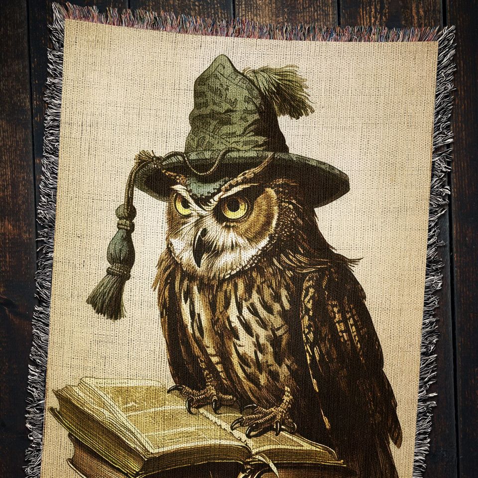 Wizard Owl Woven Throw Blanket: Vintage Folklore Fantasy Decor