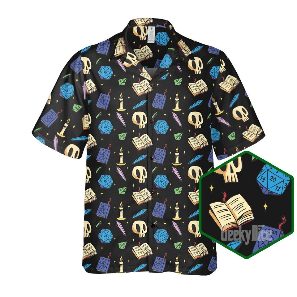 Dungeon Master Hawaiian Shirt: DnD Dice, Skulls, Books