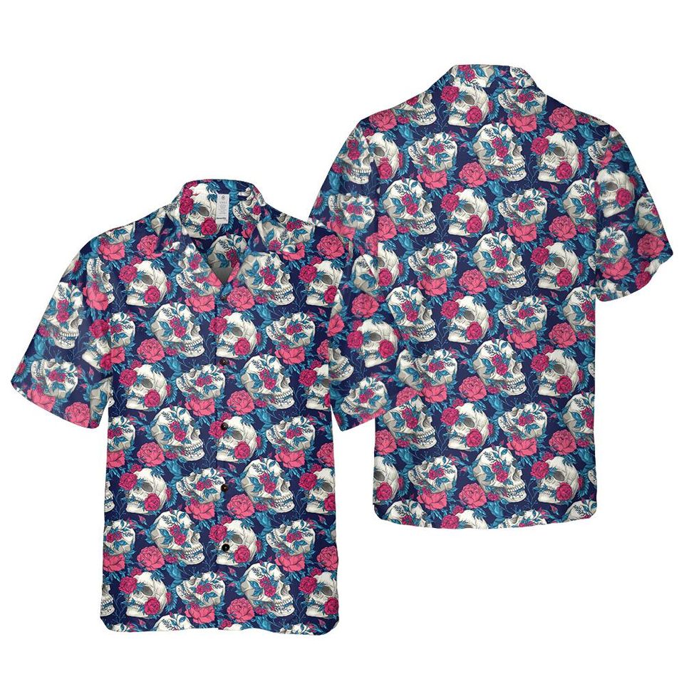 Hawaiian Skull and Rose Floral Button-Up Shirt