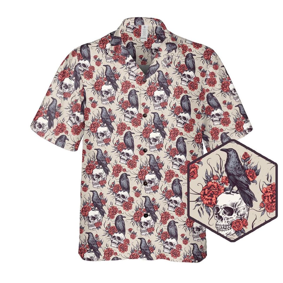 Gothic Skull and Raven Hawaiian Shirt