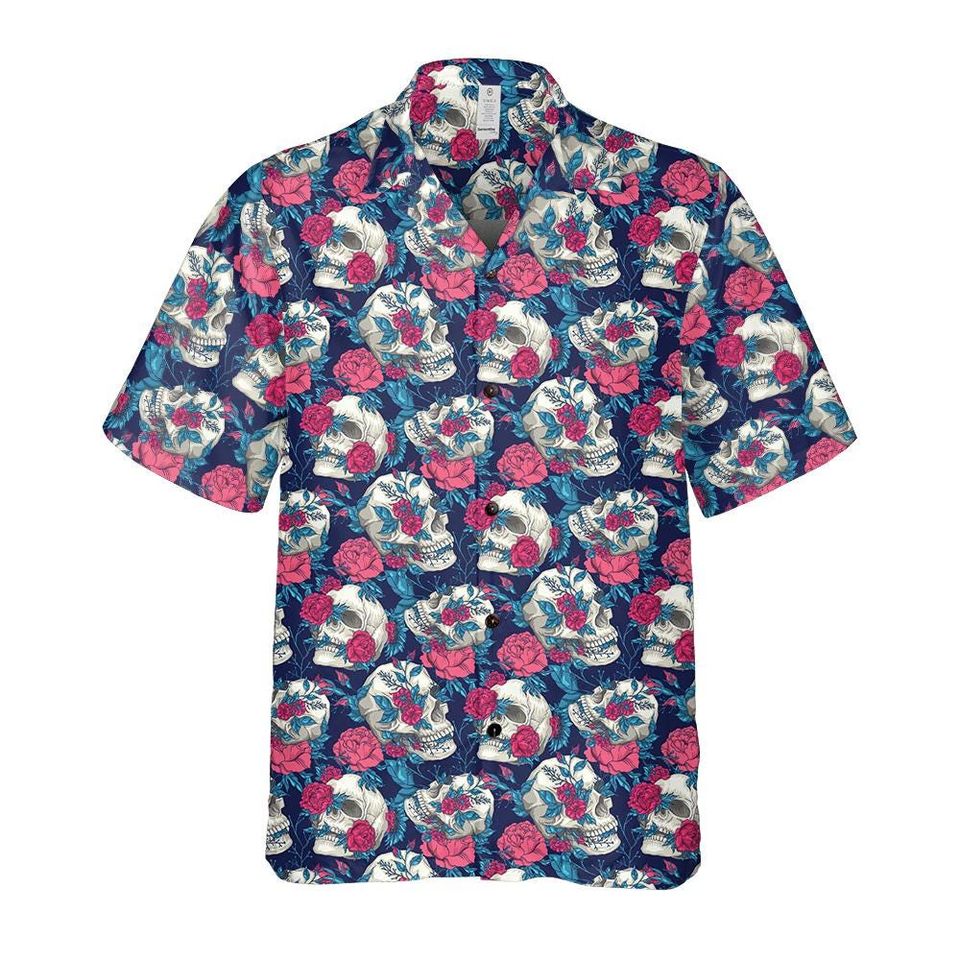 Hawaiian Skull and Rose Floral Button-Up Shirt