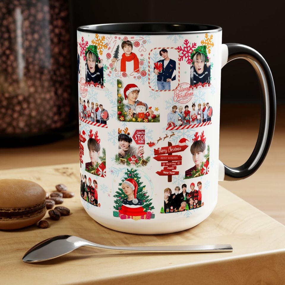 BTS OT7 Christmas Mug, K-pop Holiday Coffee Cup, Ceramics, Includes Namjoon, Yoongi, Hobi