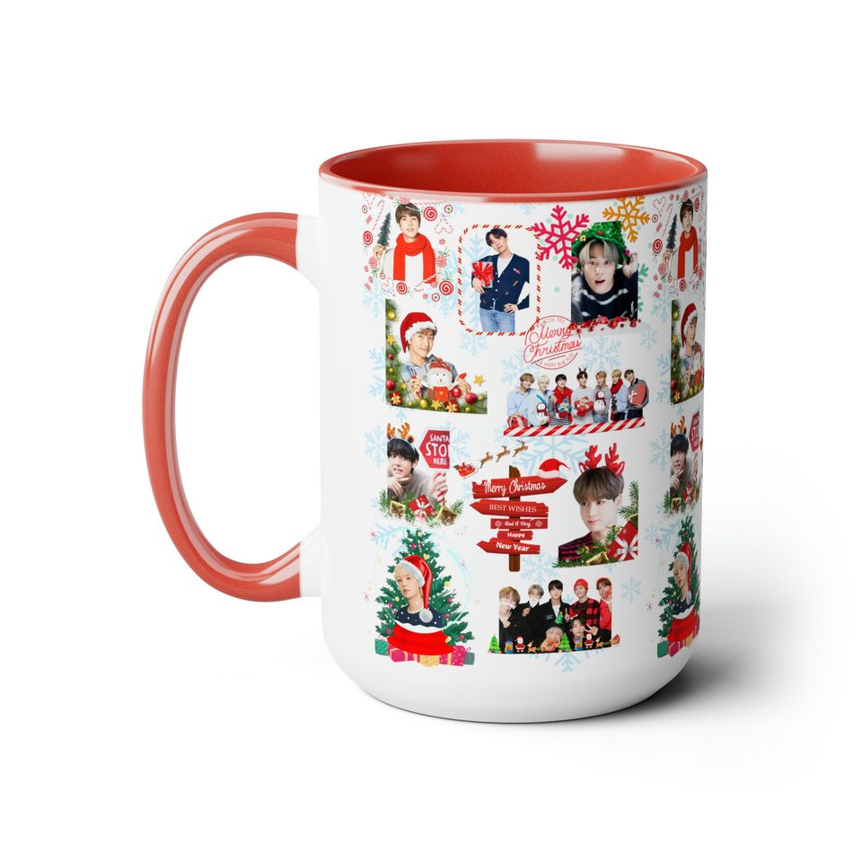BTS OT7 Christmas Mug, K-pop Holiday Coffee Cup, Ceramics, Includes Namjoon, Yoongi, Hobi