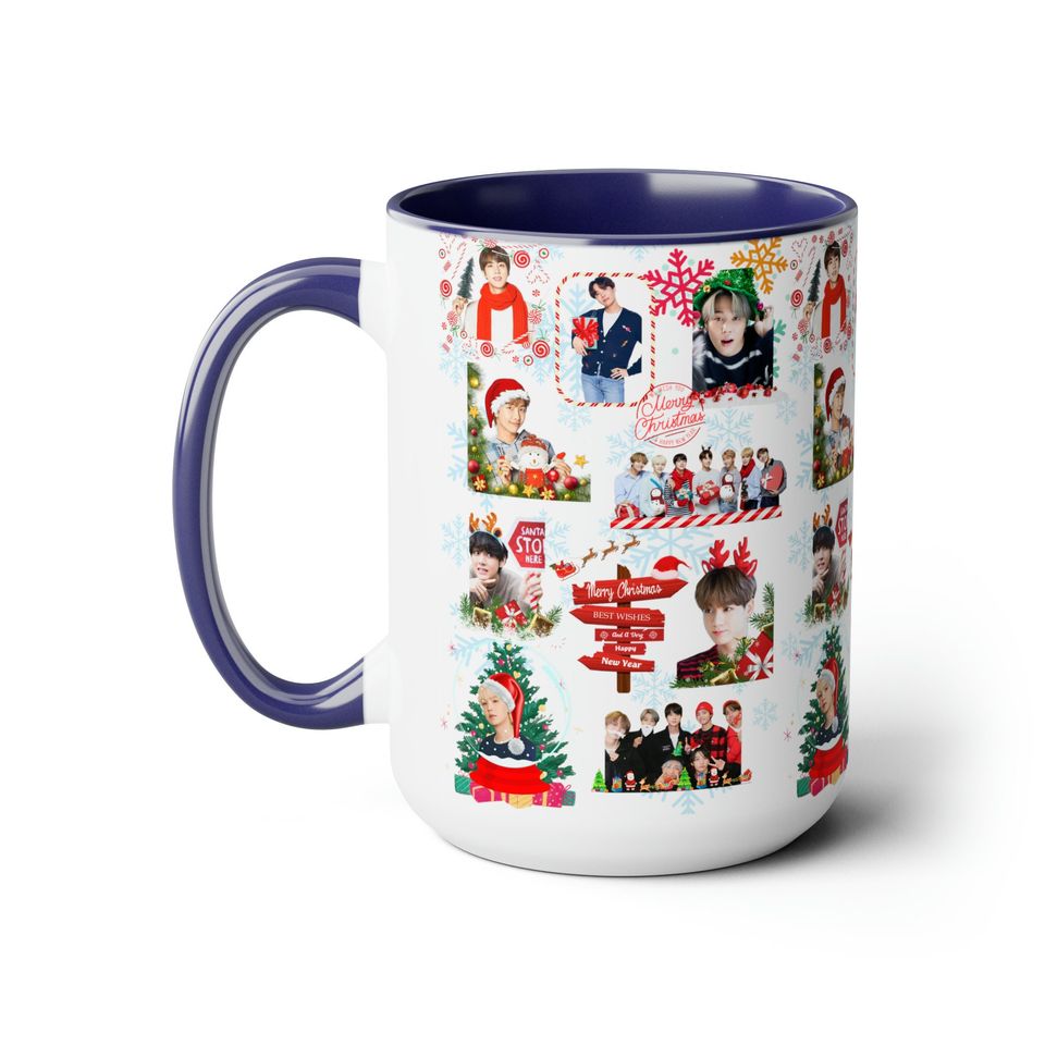 BTS OT7 Christmas Mug, K-pop Holiday Coffee Cup, Ceramics, Includes Namjoon, Yoongi, Hobi