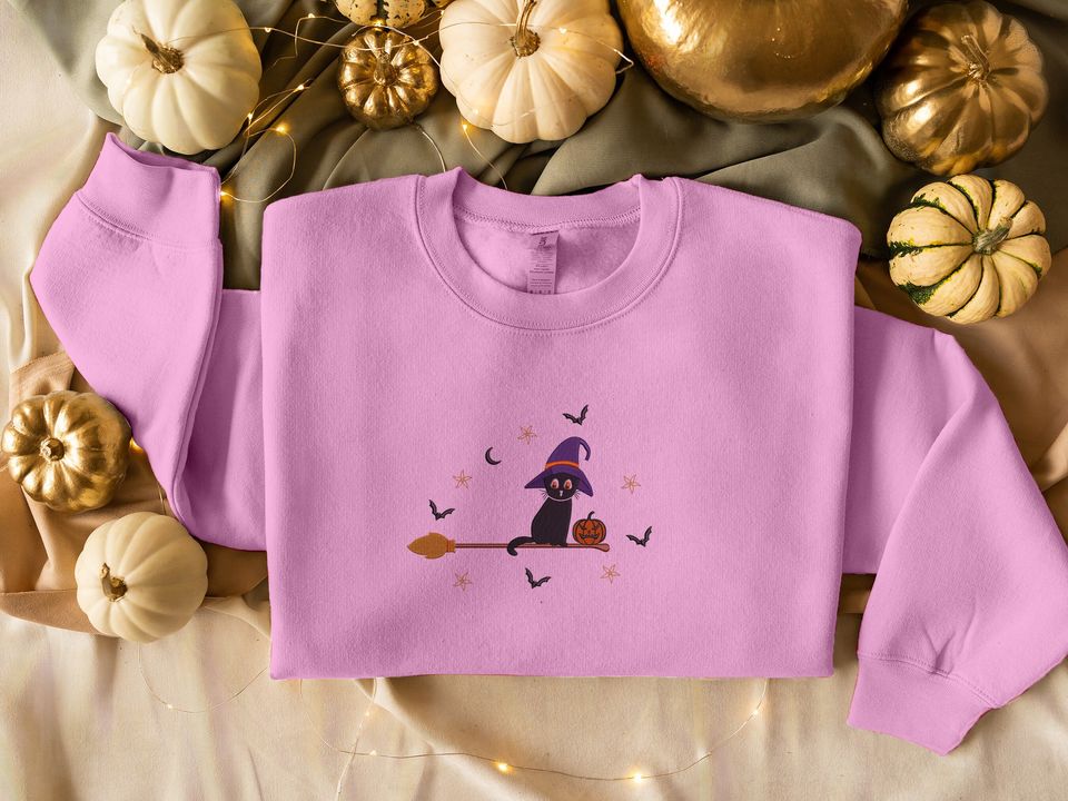 Embroidered Cat Witch Sweatshirt, Halloween Black Cat Sweatshirt, Vintage Fall Pumpkin
