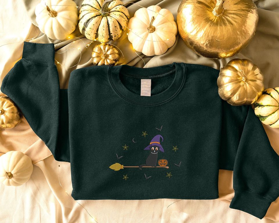 Embroidered Cat Witch Sweatshirt, Halloween Black Cat Sweatshirt, Vintage Fall Pumpkin