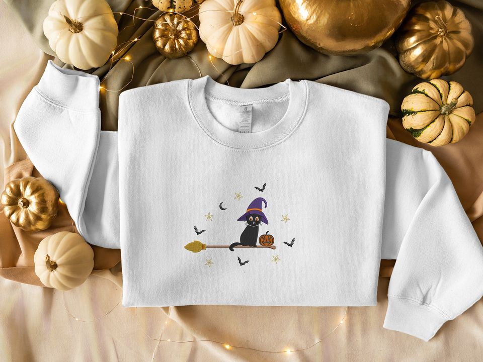 Embroidered Cat Witch Sweatshirt, Halloween Black Cat Sweatshirt, Vintage Fall Pumpkin