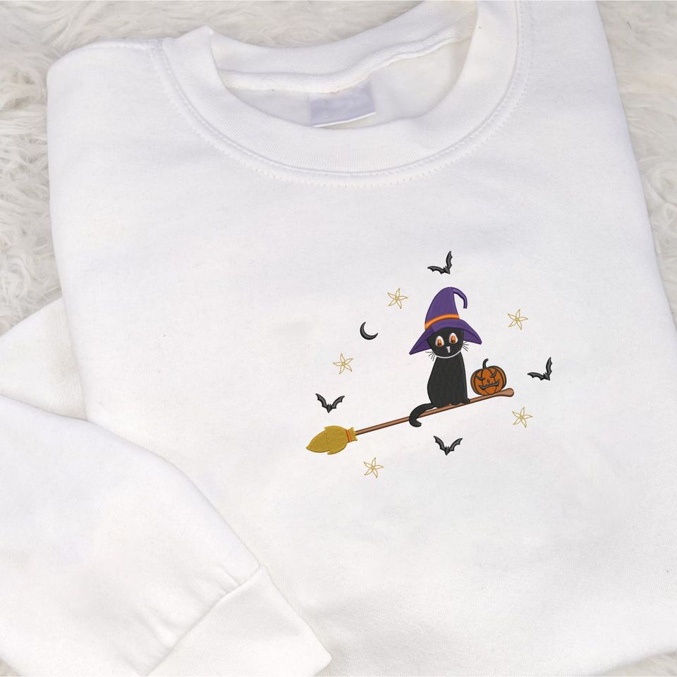 Embroidered Cat Witch Sweatshirt, Halloween Black Cat Sweatshirt, Vintage Fall Pumpkin