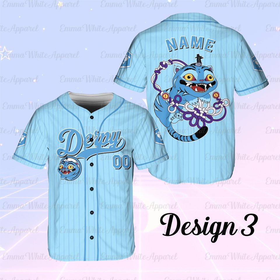 Derpy Blue Cat Kpop Baseball Jersey with Custom Name and Mascot Design