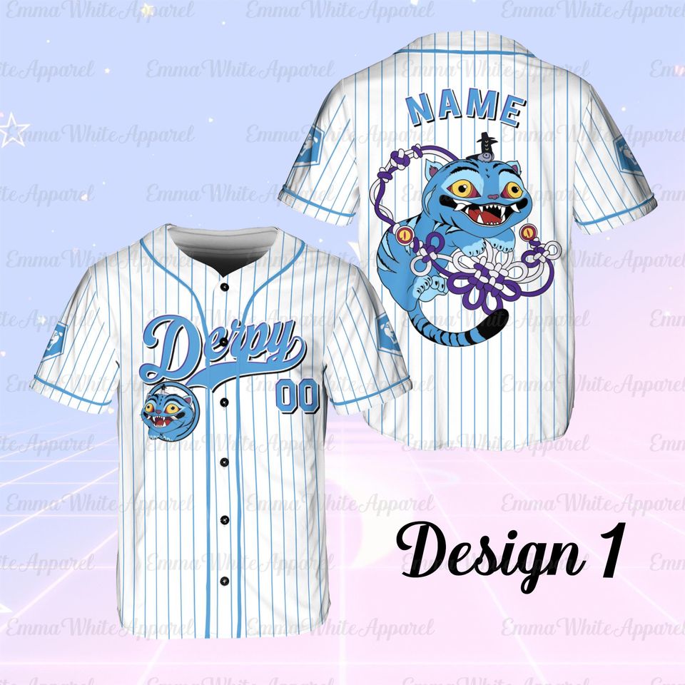 Derpy Blue Cat Kpop Baseball Jersey with Custom Name and Mascot Design