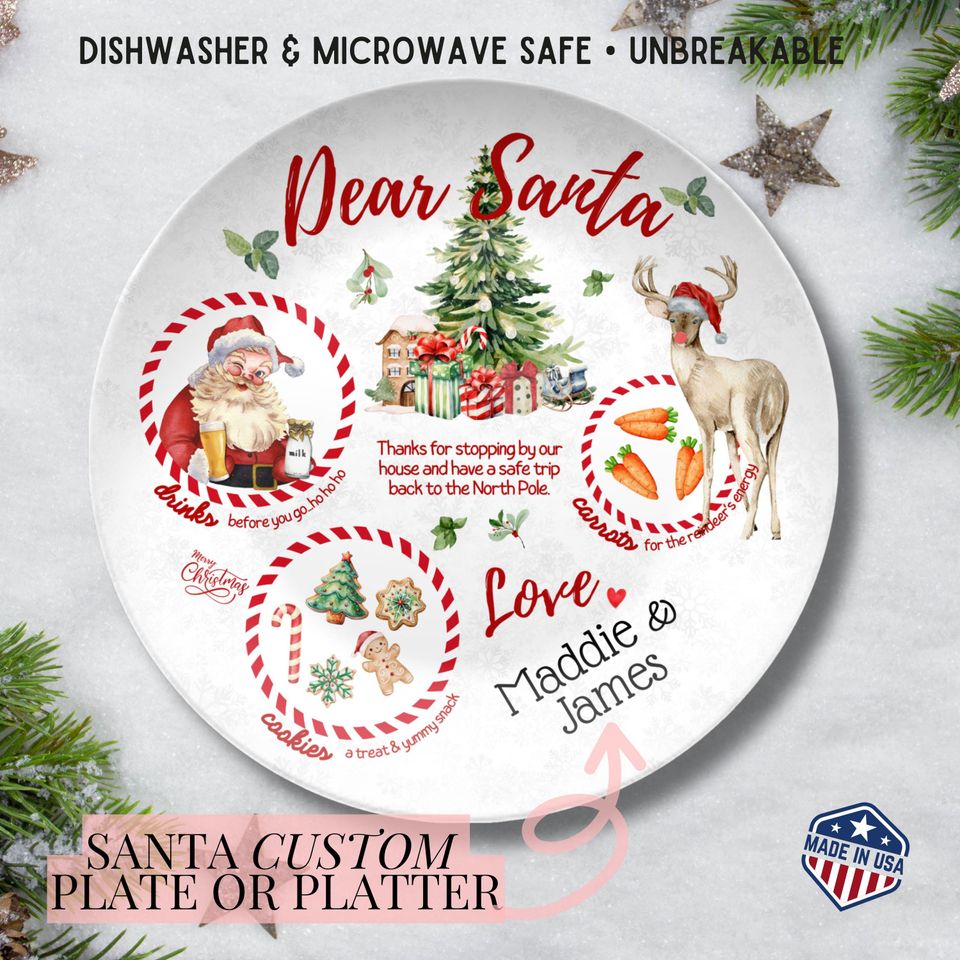 Personalized Santa Plate Christmas Platter Kid Christmas Eve Treat Board Santa Cookie Plate Custom Family Name Plate Santa Tray Made in USA
