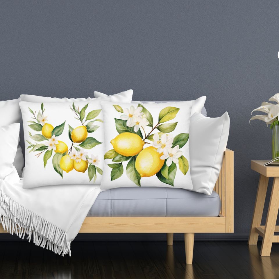 Watercolor Lemon Throw Pillow Abstract  Lemon pillow Square Citrus Print Pillow