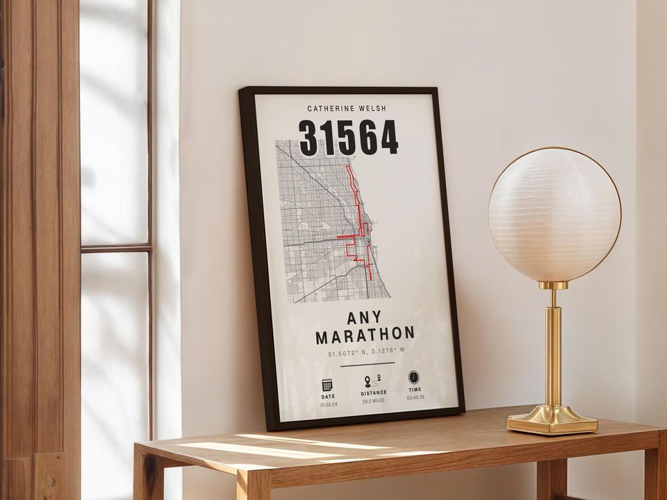 Personalised Marathon Completion Map: Chicago or Any Race, Runner Gift