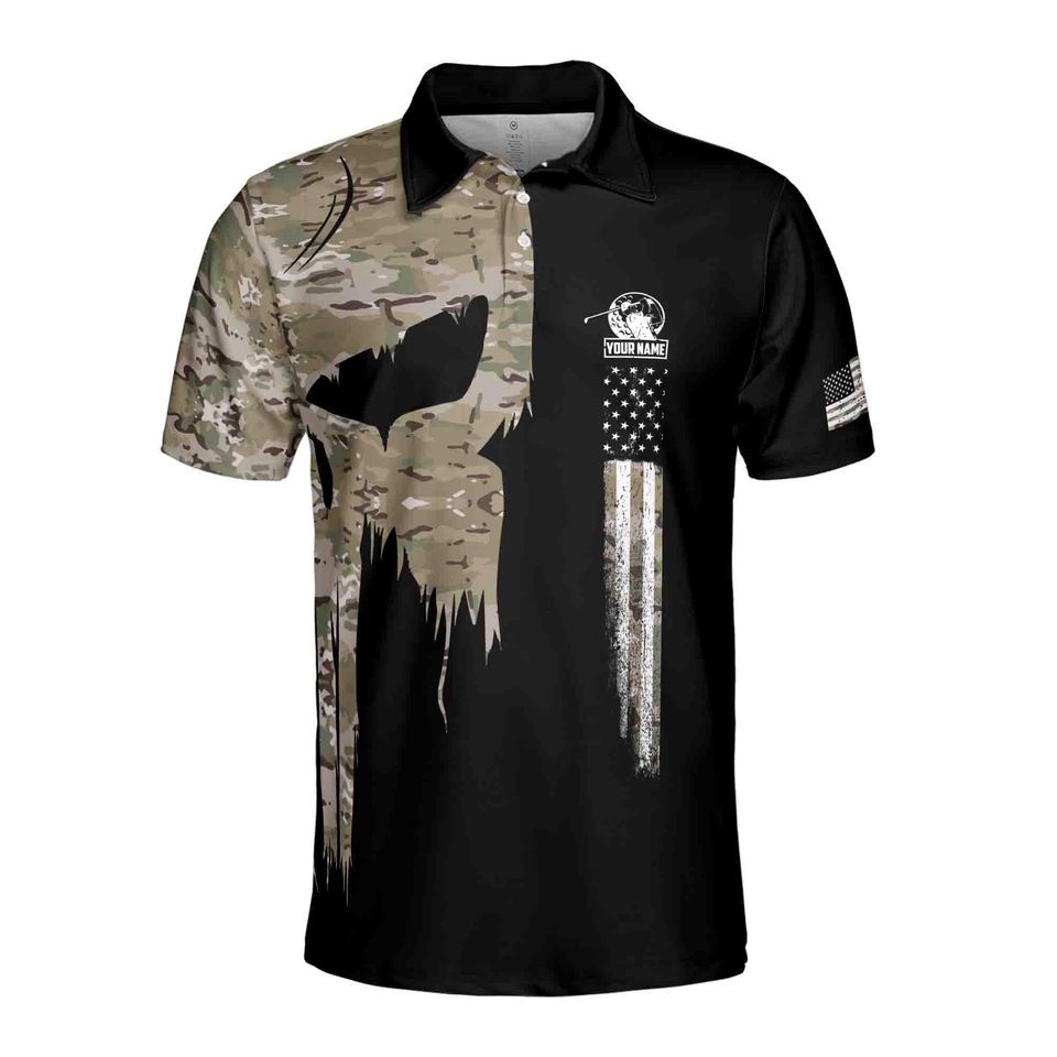 Custom Name Camo Skull Golf Camouflage American Golf Men's Polo Shirt