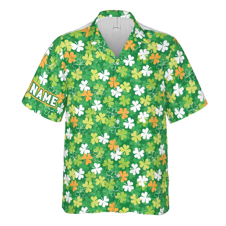 Customize Name Hand Heart Peace Love Clover Pattern Green Hawaiian Shirt