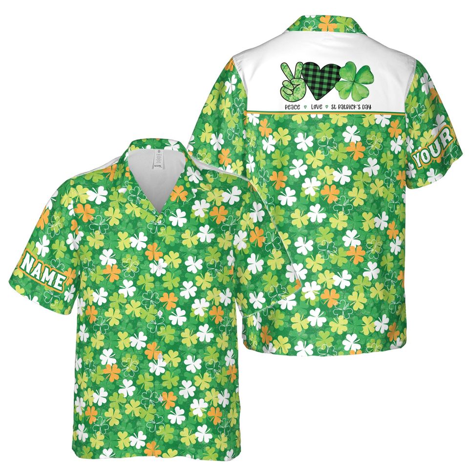 Customize Name Hand Heart Peace Love Clover Pattern Green Hawaiian Shirt