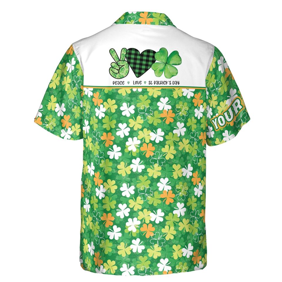 Customize Name Hand Heart Peace Love Clover Pattern Green Hawaiian Shirt