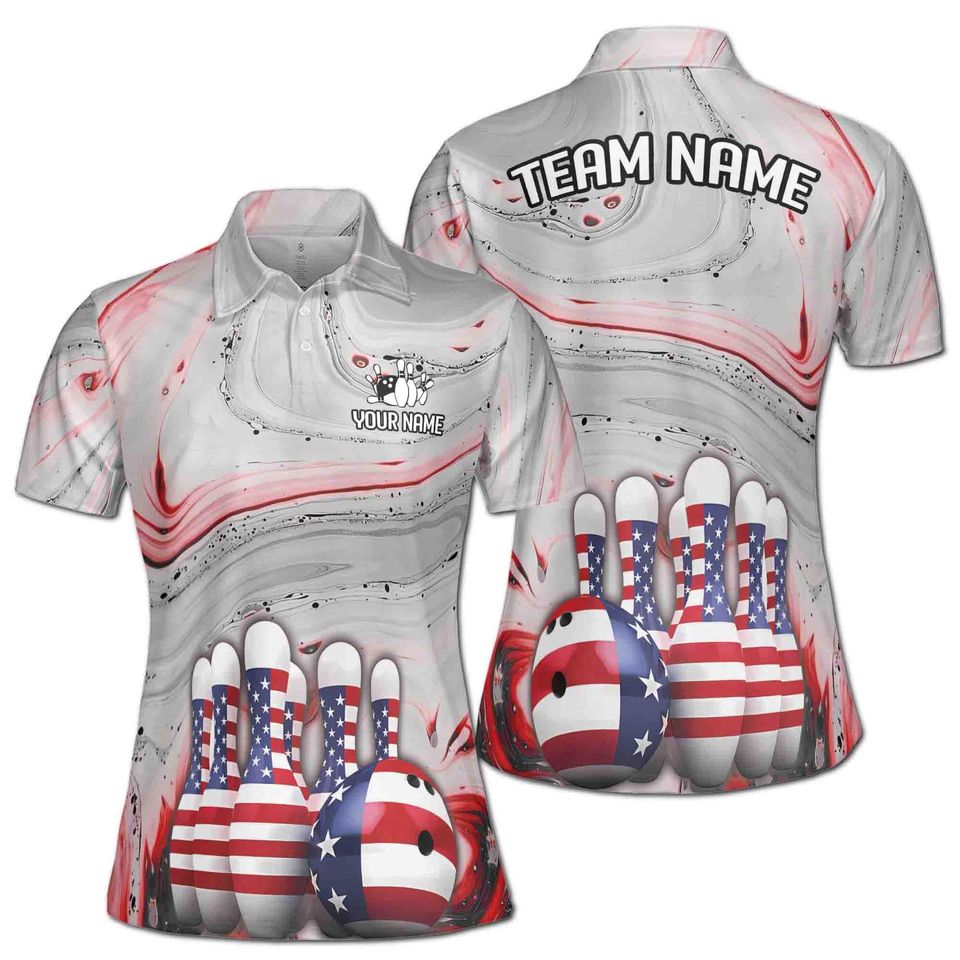Personalized Gray Marbling America Bowling Lover Women's Polo Shirt
