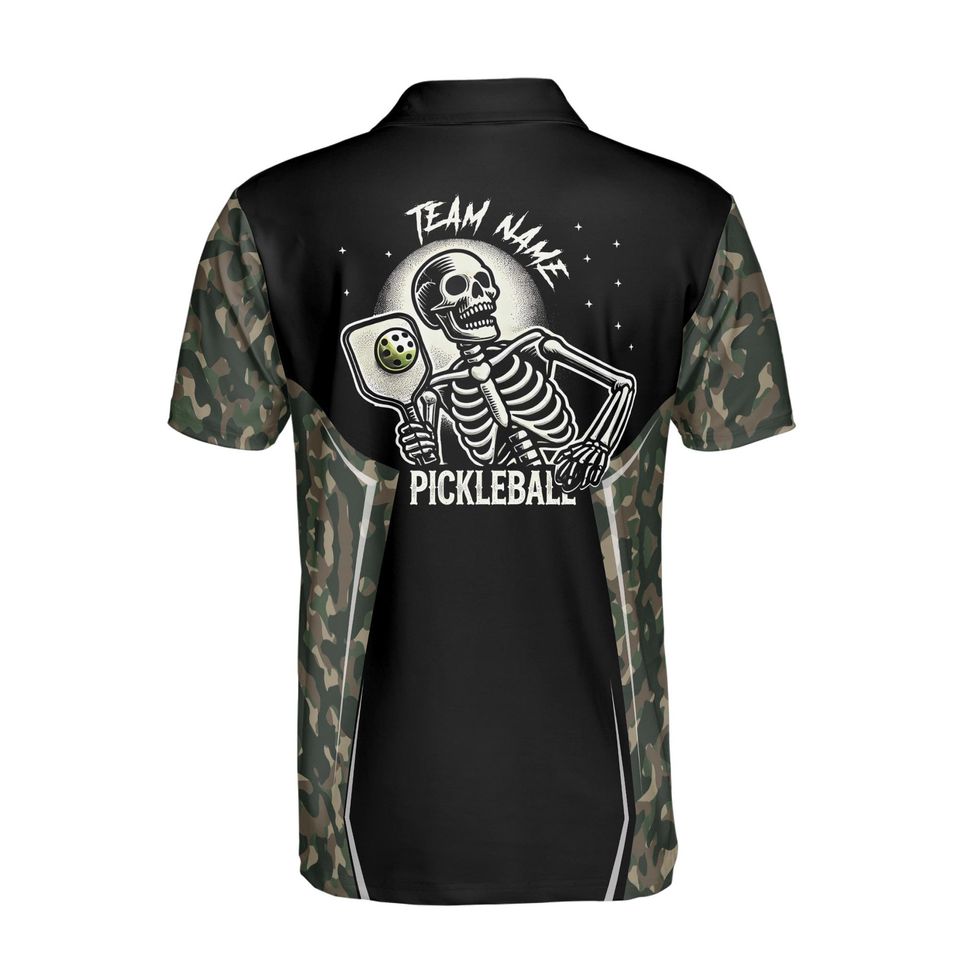 Personalized Name Camo Pattern Skull Plays Pickleball Men's Polo Shirt