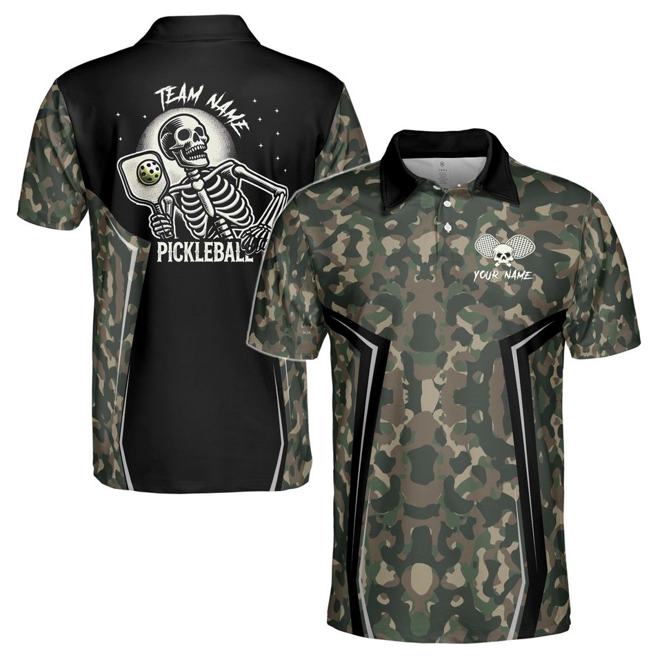 Personalized Name Camo Pattern Skull Plays Pickleball Men's Polo Shirt