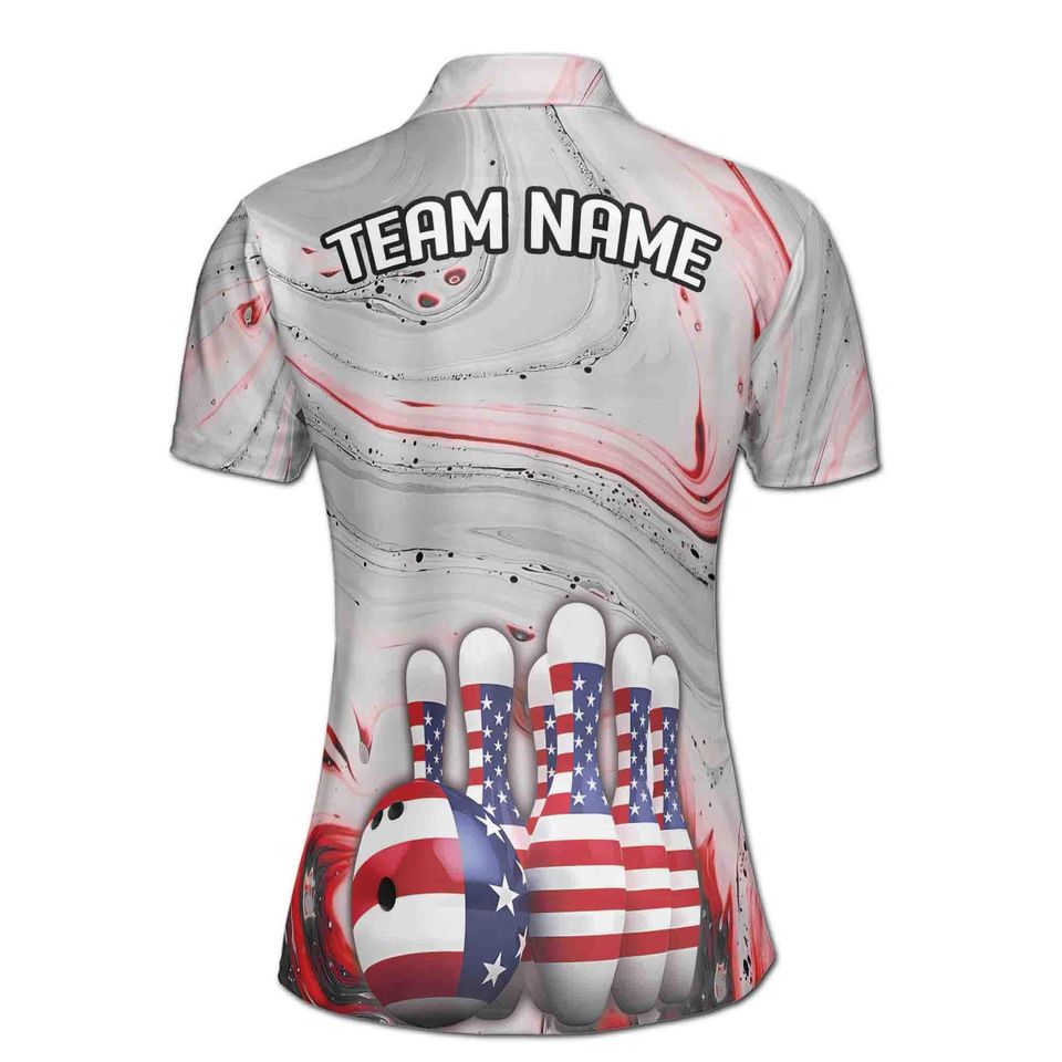 Personalized Gray Marbling America Bowling Lover Women's Polo Shirt
