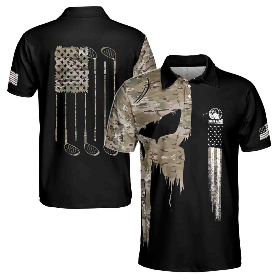 Custom Name Camo Skull Golf Camouflage American Golf Men's Polo Shirt