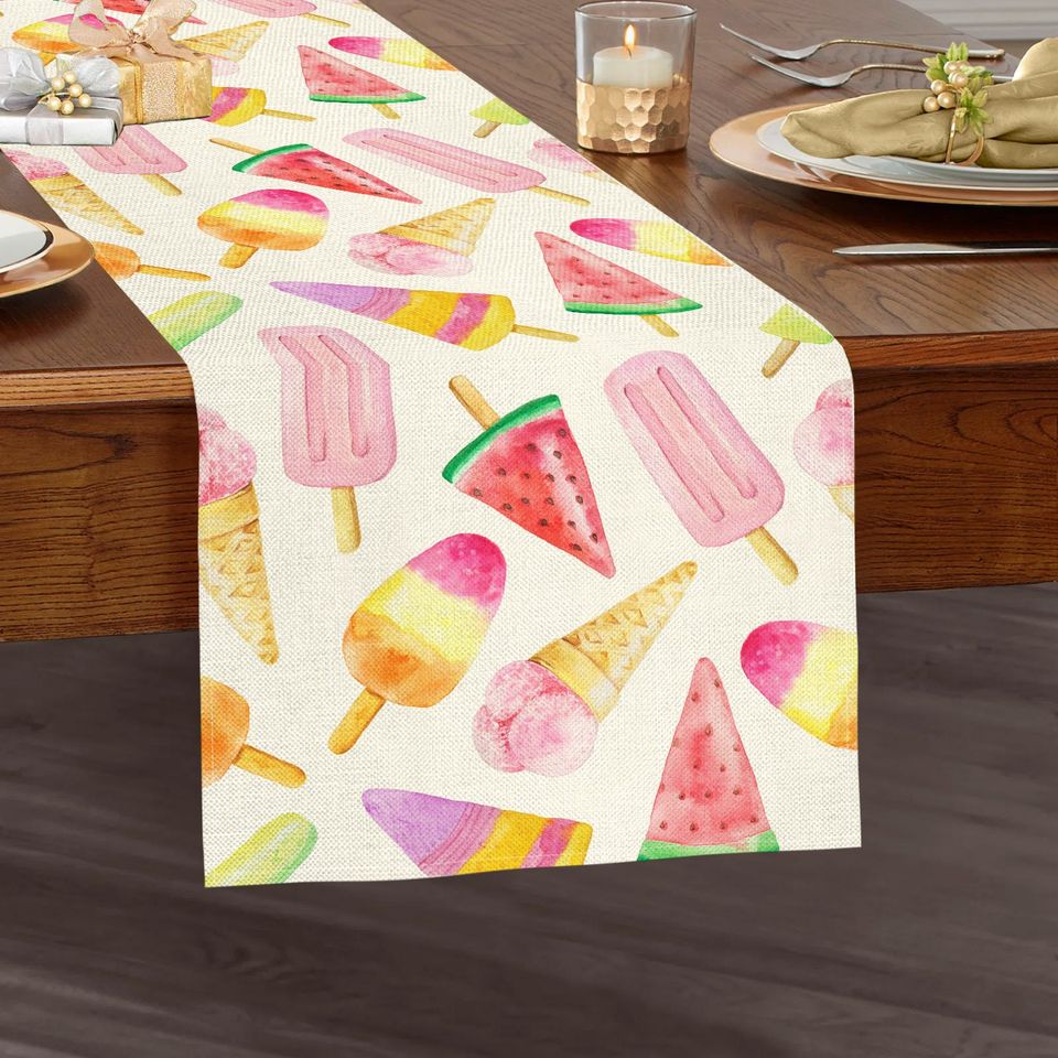 Watercolor Ice Cream Table Runner, Summer Table Decor, Cute Seasonal Table Runner