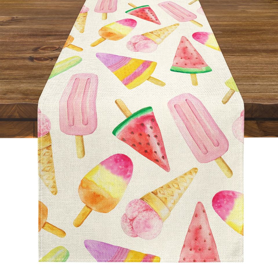 Watercolor Ice Cream Table Runner, Summer Table Decor, Cute Seasonal Table Runner