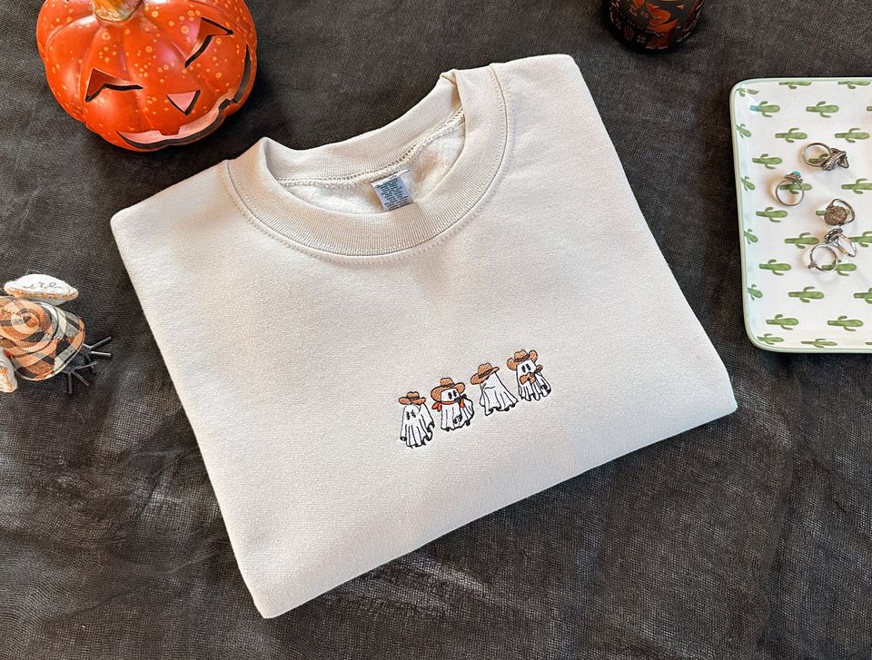 Subtle Halloween Embroidered Crewneck Halloween Sweatshirt Cowboy Ghost Sweatshirt