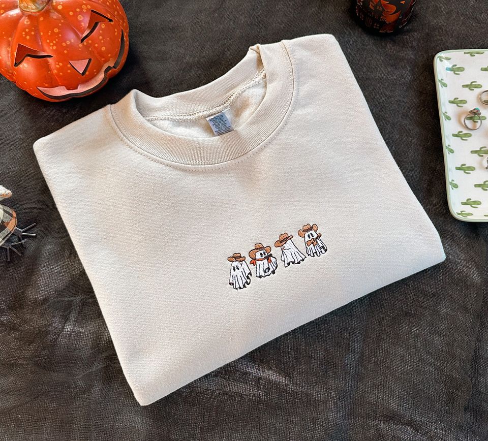Subtle Halloween Embroidered Crewneck Halloween Sweatshirt Cowboy Ghost Sweatshirt